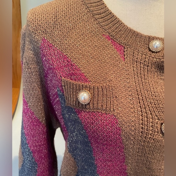 SHEIN Cardigan Size Large Pretty Button Detail Brien Pink Blue Pattern Shimmer - Picture 11 of 11